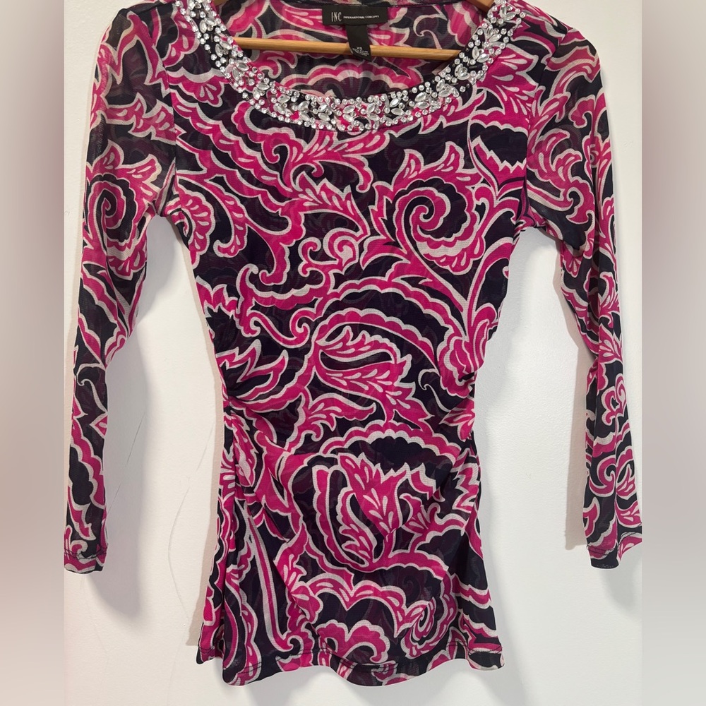INC International Concept Black & Pink Rhinestone Studded Neckline Mesh Top XS